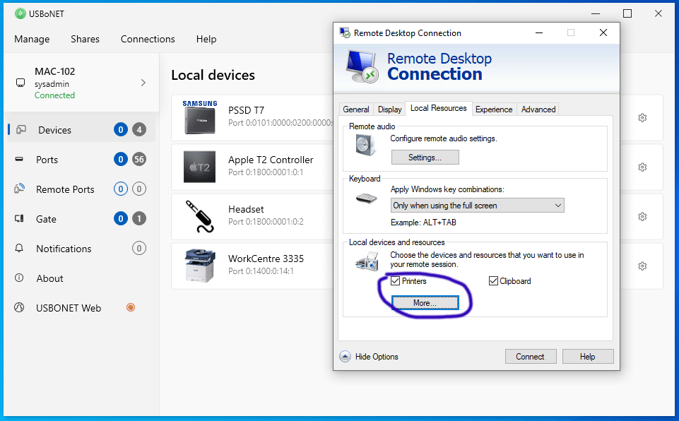 Open remote desktop (Mstsc) and click the "Local Resources" tab, then click "More" under the "Local devices and resources" section.