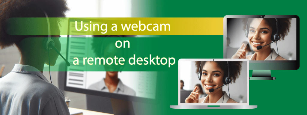 Webcam in Remote Desktop. African american customer care representative working with headset in office.