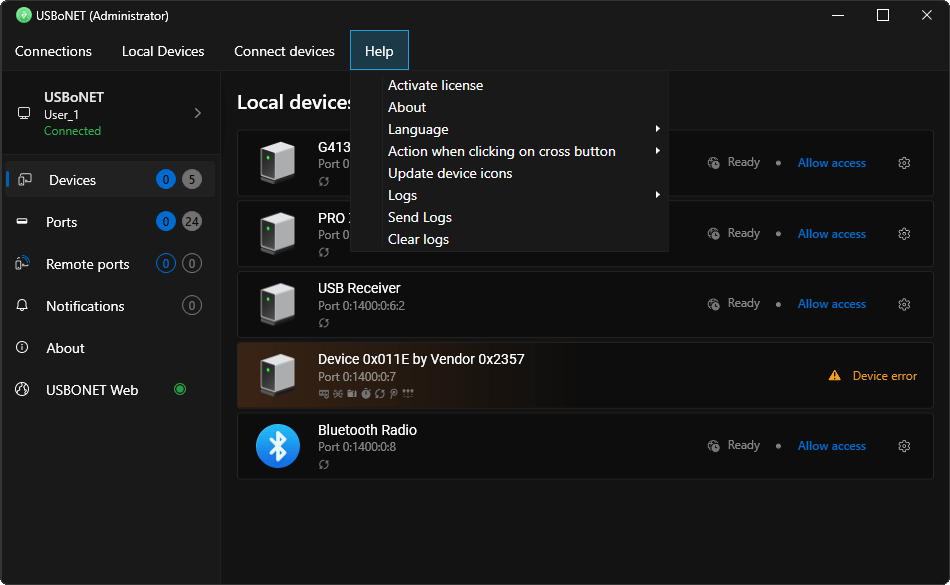 USBoNET gui dark theme